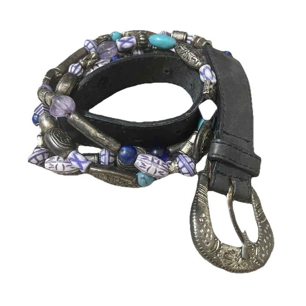 The Limited Beaded Leather Belt Sz M (32) Blue Purple Mixed Media Chunky Y2K